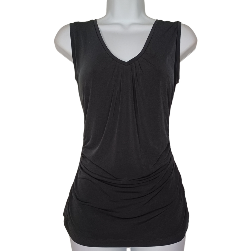 NY&CO V Neck Sleeveless Black Stretchy Slinky Ruching Blouse Top X-Small NWT